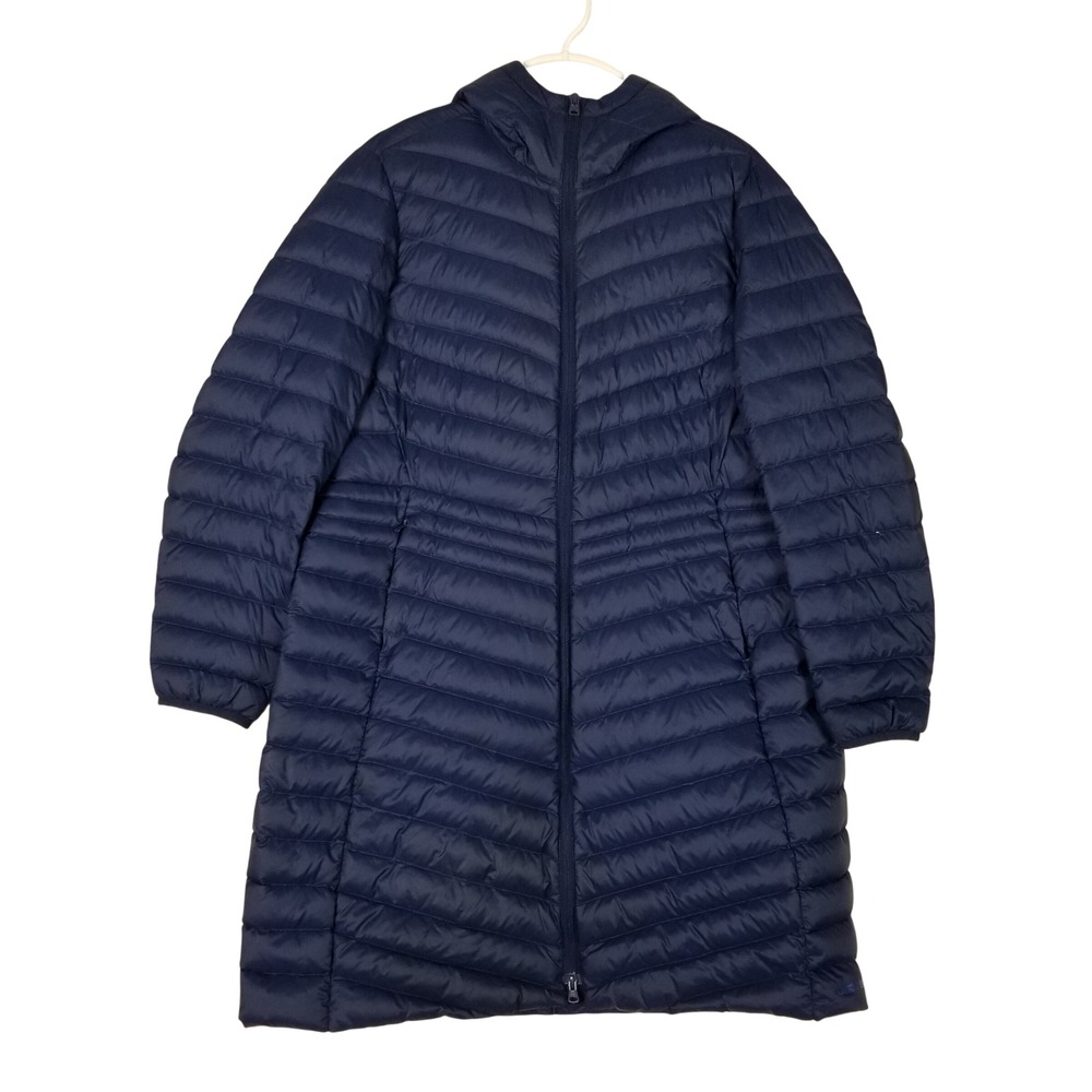 Lands End Puffer Coat Women XL Navy Blue Hooded Down Longline Chevron Quilt